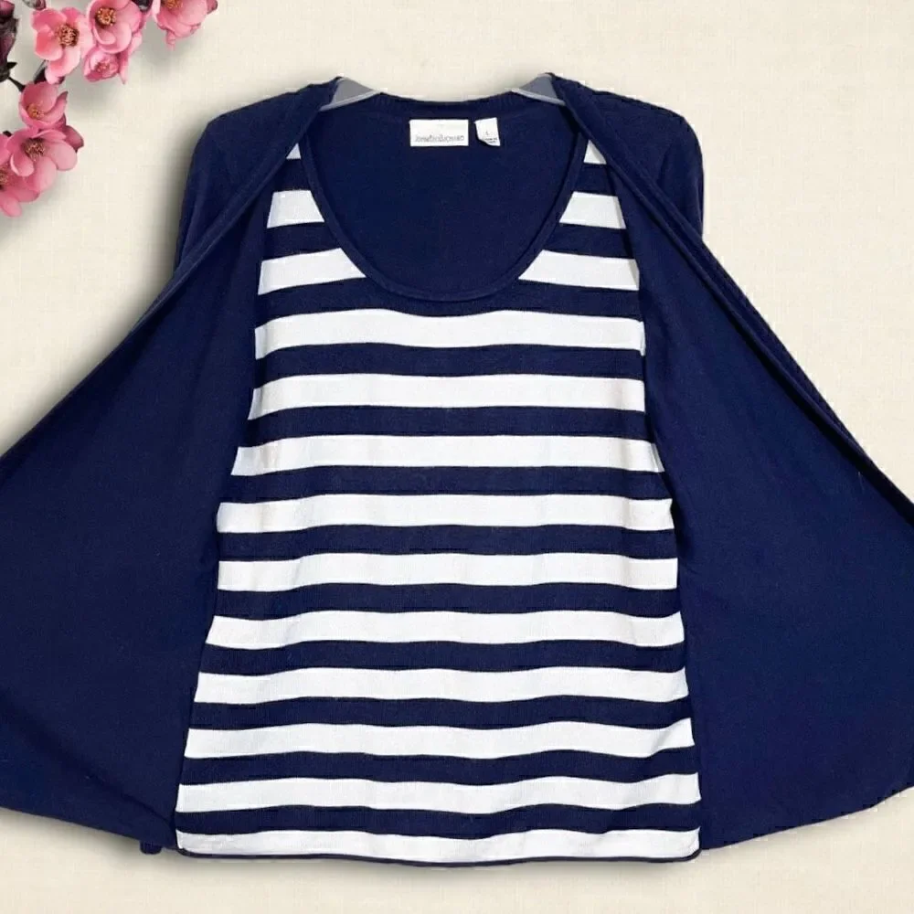Navy & White Stripe Pullover Faux Cardigan Sweater Sz L 12-14
